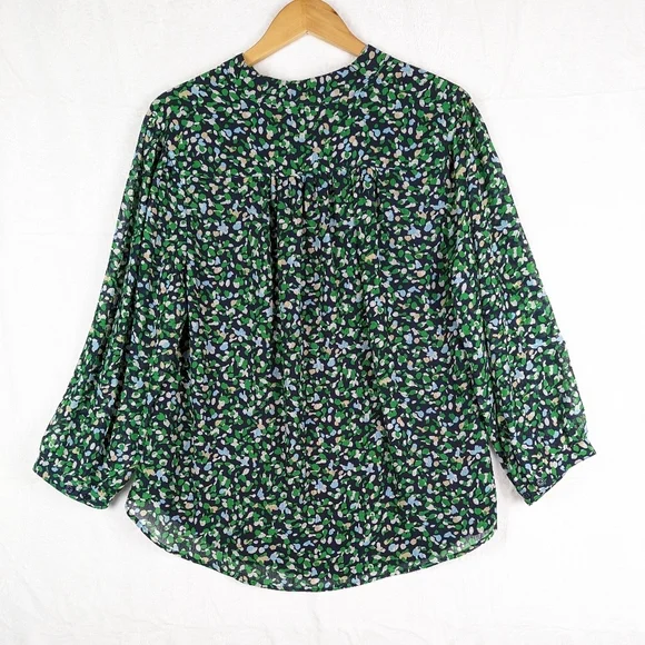 Chico's Sheer Ditsy Floral Career Wear Blouse 2 / Large Navy Blue Green - Picture 2 of 14